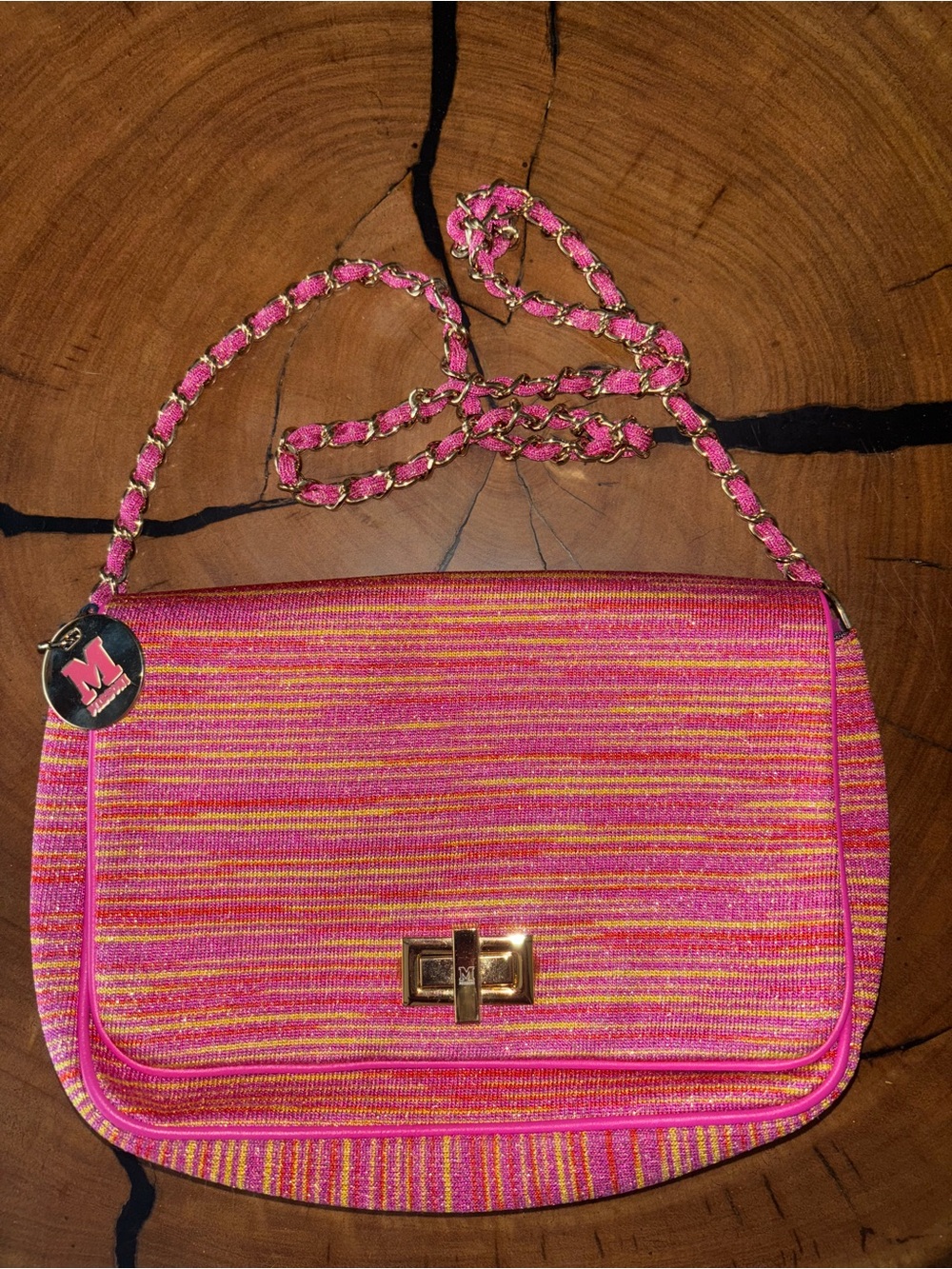 Pink Stripe Chain Shoulder Bag